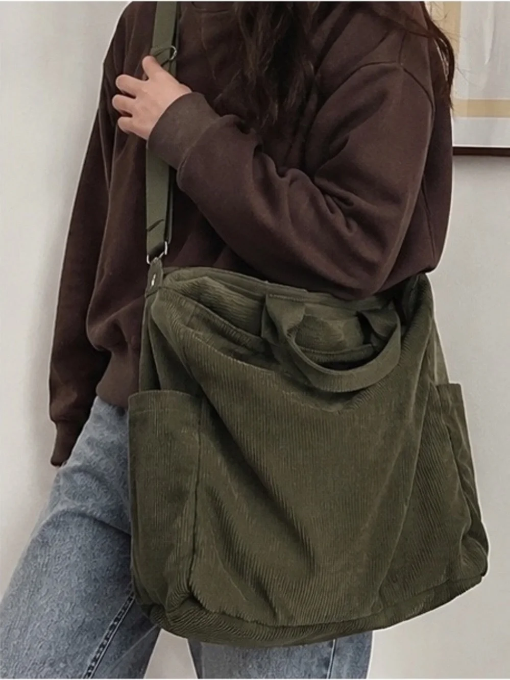 Olive Green Corduroy Tote Bag with Adjustable Strap